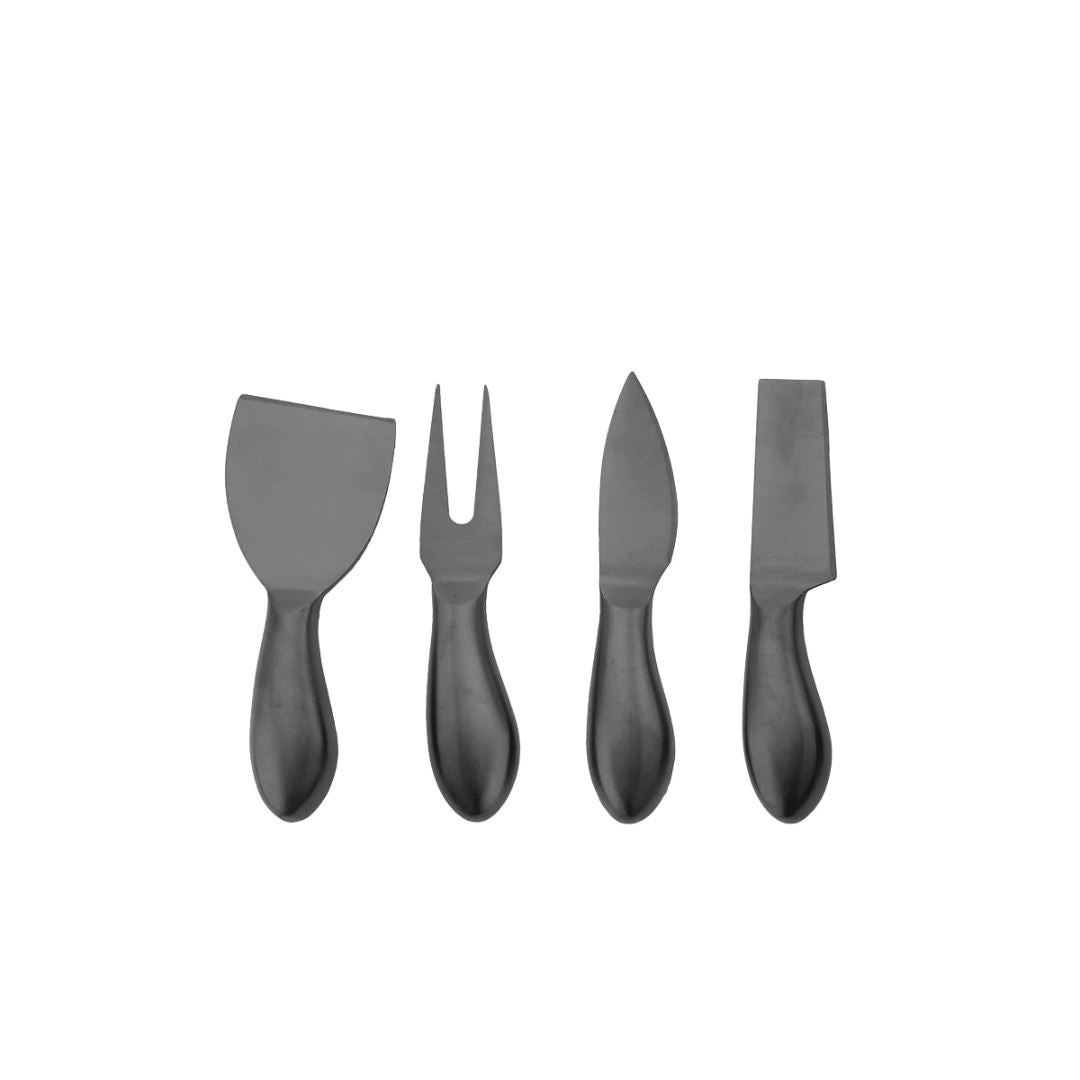 Kit para Queijos em Aço Inoxidável - Utensílios Elegantes Mesa Posta010 Cozinha com Estilo Preto 4 Peças 