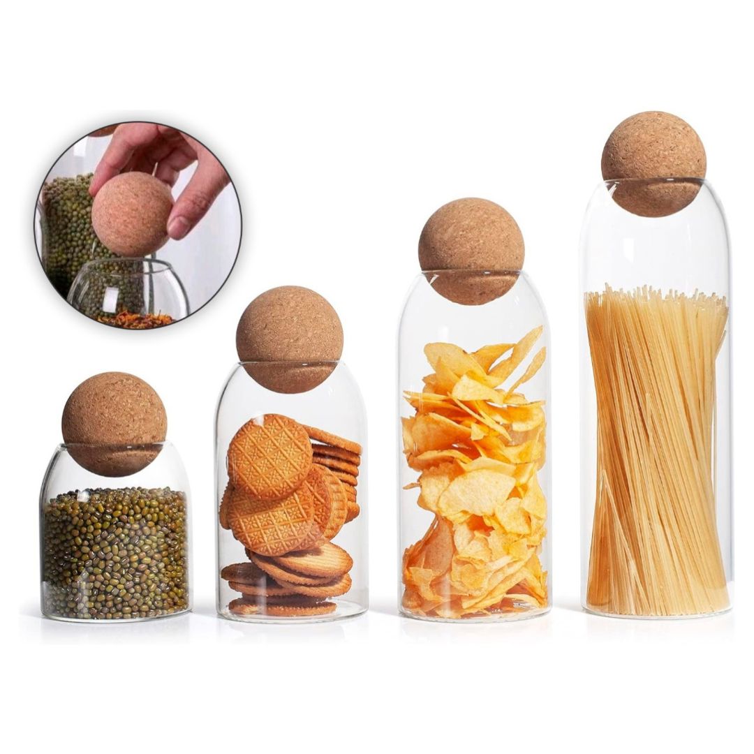 Kit Pote de Mantimentos de Vidro com Tampa de Cortiça Organizadores017 Cozinha com Estilo 