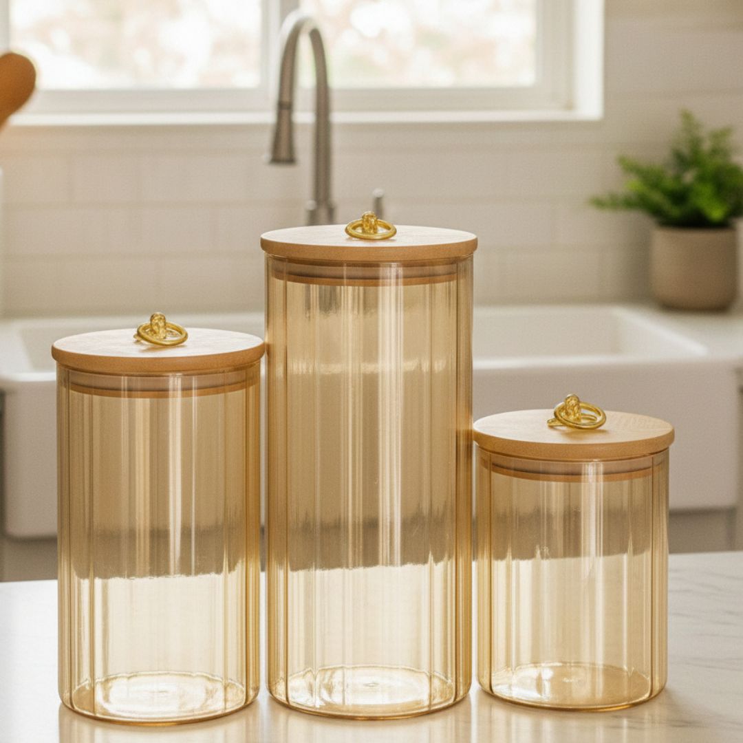 Kit Pote de Vidro Hermético com Tampa de Bambu Natural e Vedação Segura - 3 Peças Bambu010 Cozinha com Estilo 