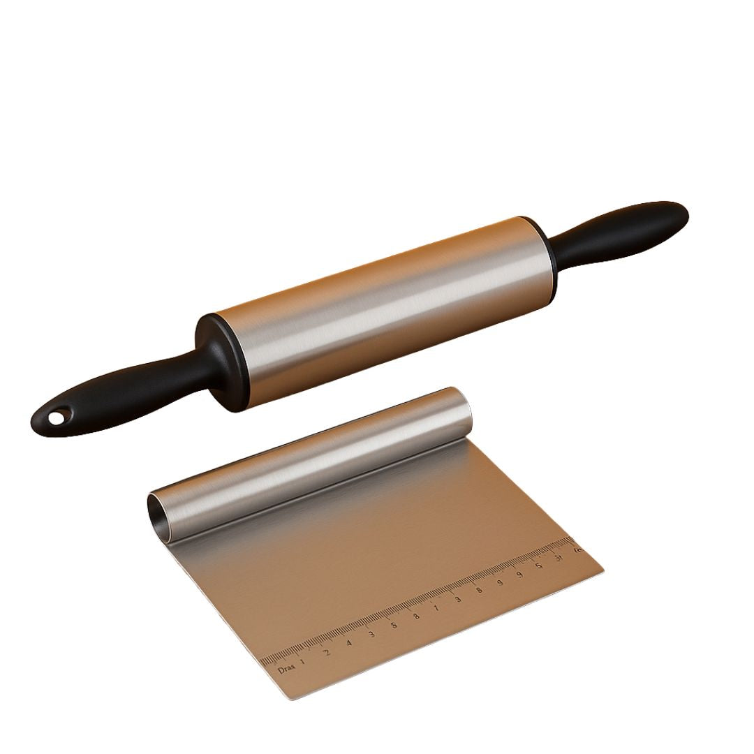 Kit Rolo de Massa Inox Giratório + Espátula Profissional Tubular Utilidades028 Cozinha com Estilo 