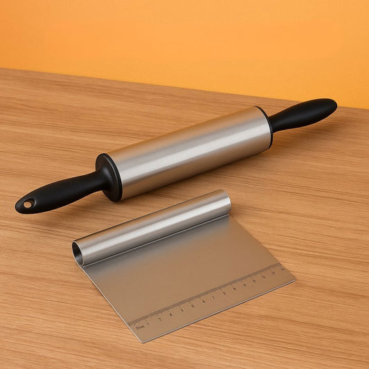 Kit Rolo de Massa Inox Giratório + Espátula Profissional Tubular Utilidades028 Cozinha com Estilo 