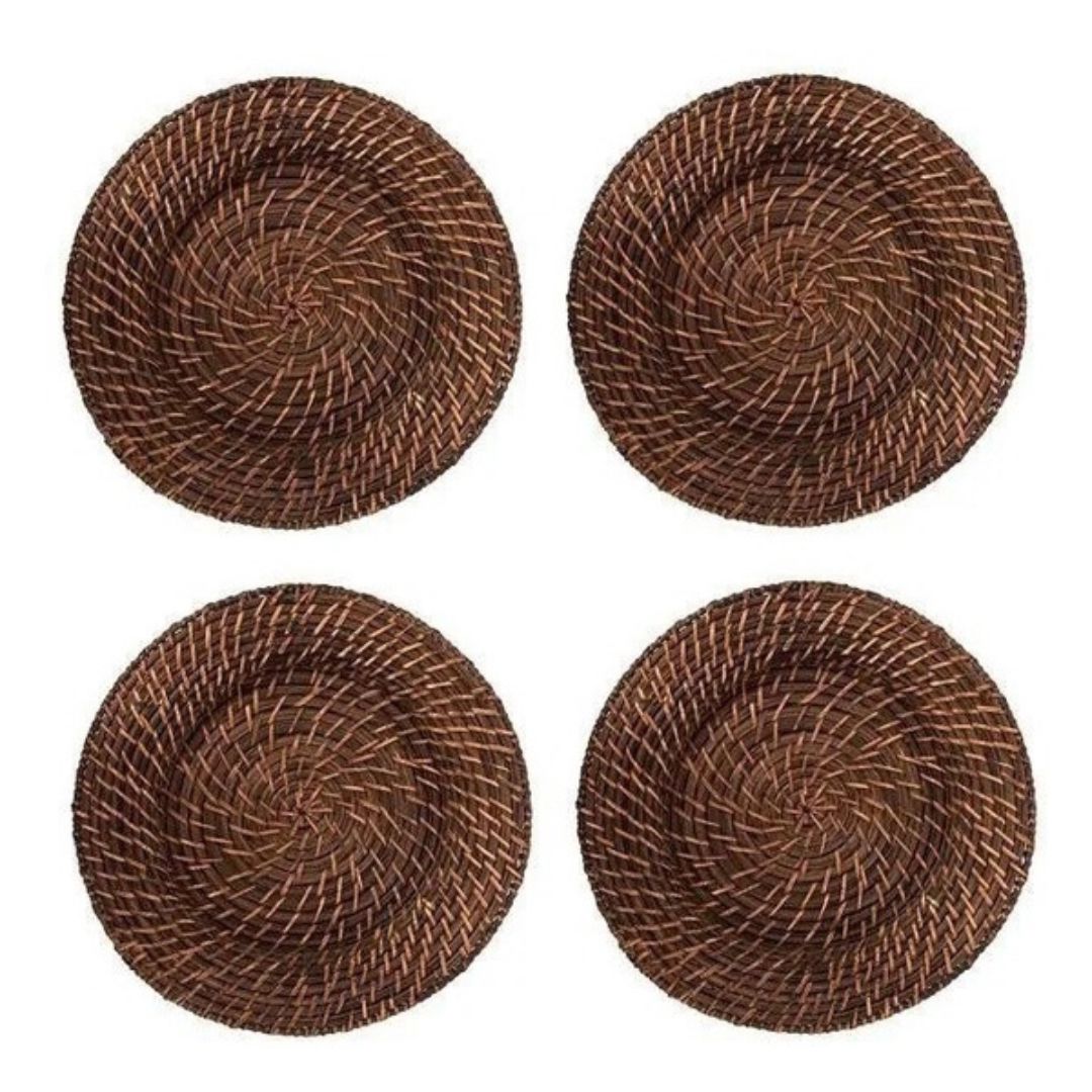 Kit Sousplat Redondo em Rattan Bambu Bambu013 Cozinha com Estilo Marron Escuro 4 Peças 