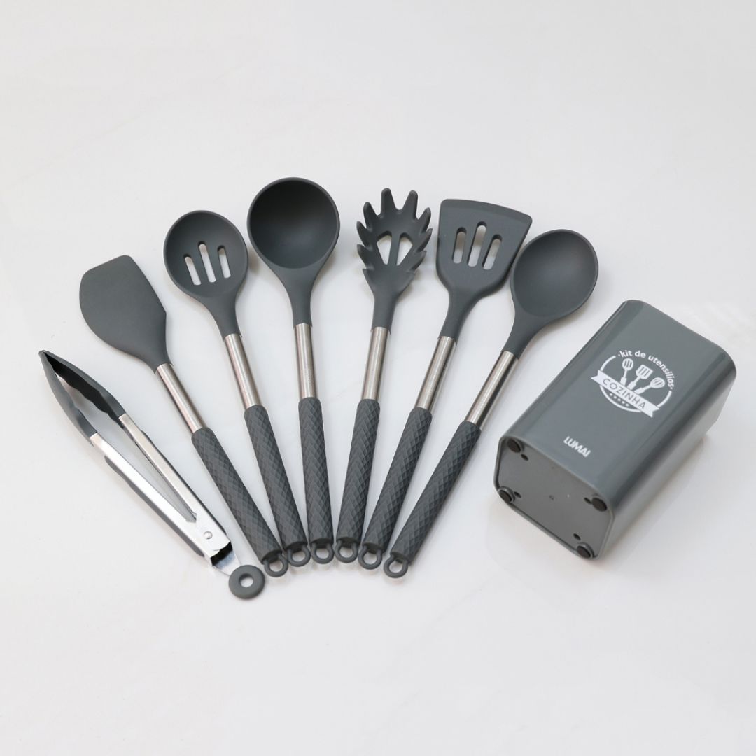 Kit Utensílios de Cozinha Silicone e Aço Inox com Balde Organizador - 8 Peças Forno e Fogão020 Cozinha com Estilo 