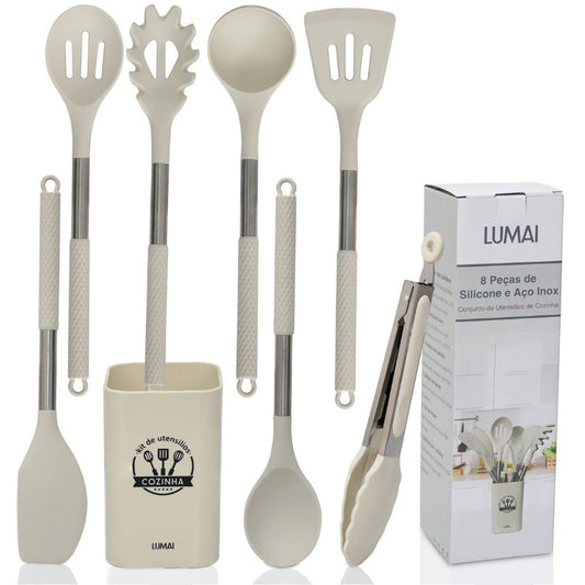 Kit Utensílios de Cozinha Silicone e Aço Inox com Balde Organizador - 8 Peças Forno e Fogão020 Cozinha com Estilo Bege 