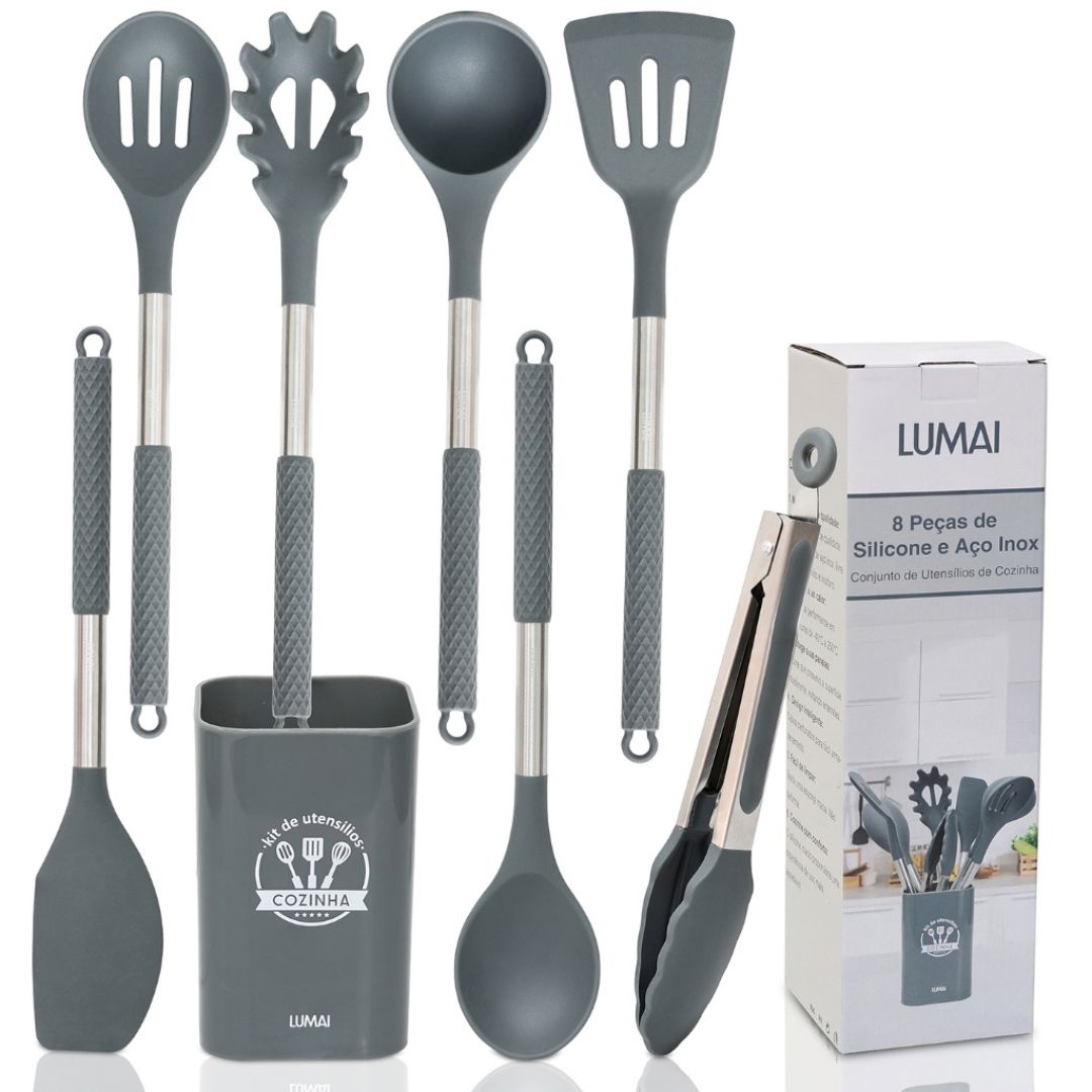 Kit Utensílios de Cozinha Silicone e Aço Inox com Balde Organizador - 8 Peças Forno e Fogão020 Cozinha com Estilo Cinza 