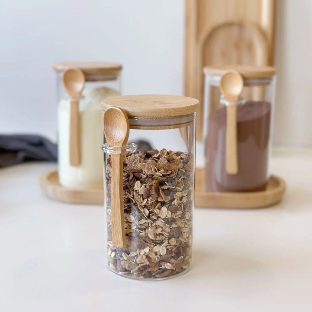 Pote de Vidro Hermético com Tampa de Bambu e Colher Utilidades030 Cozinha com Estilo 