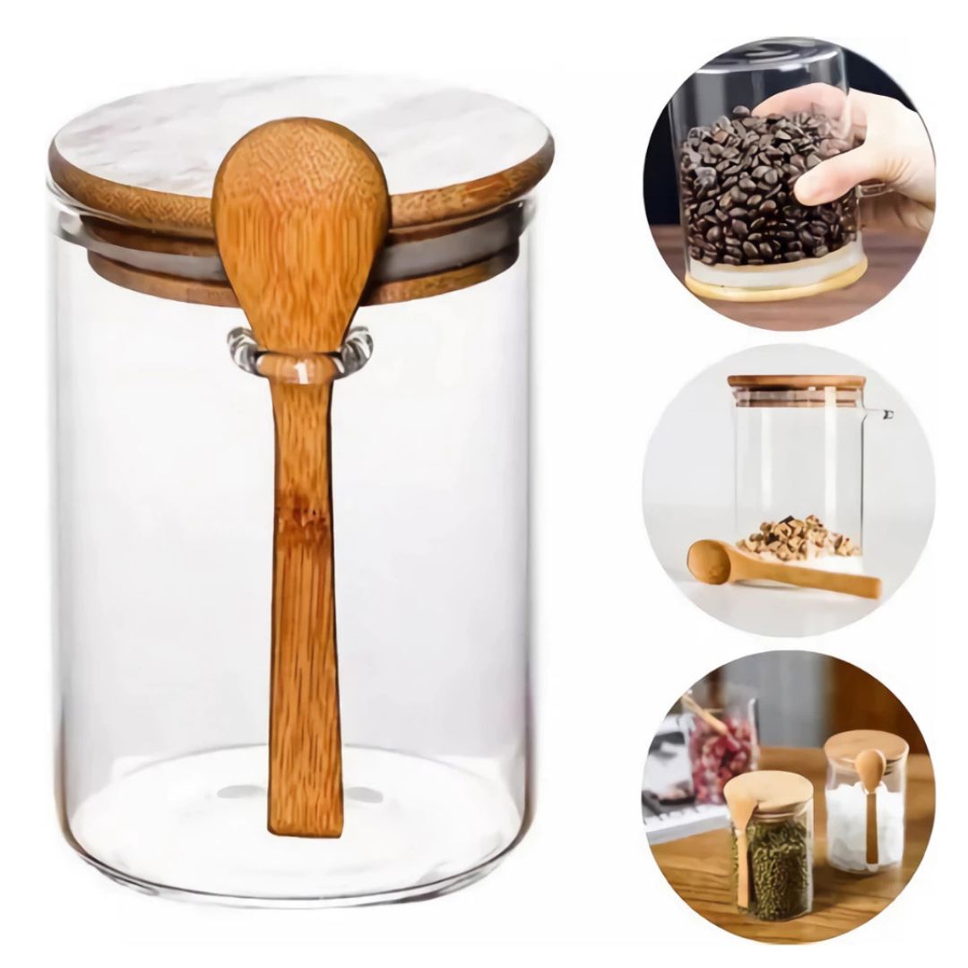 Pote de Vidro Hermético com Tampa de Bambu e Colher Utilidades030 Cozinha com Estilo 
