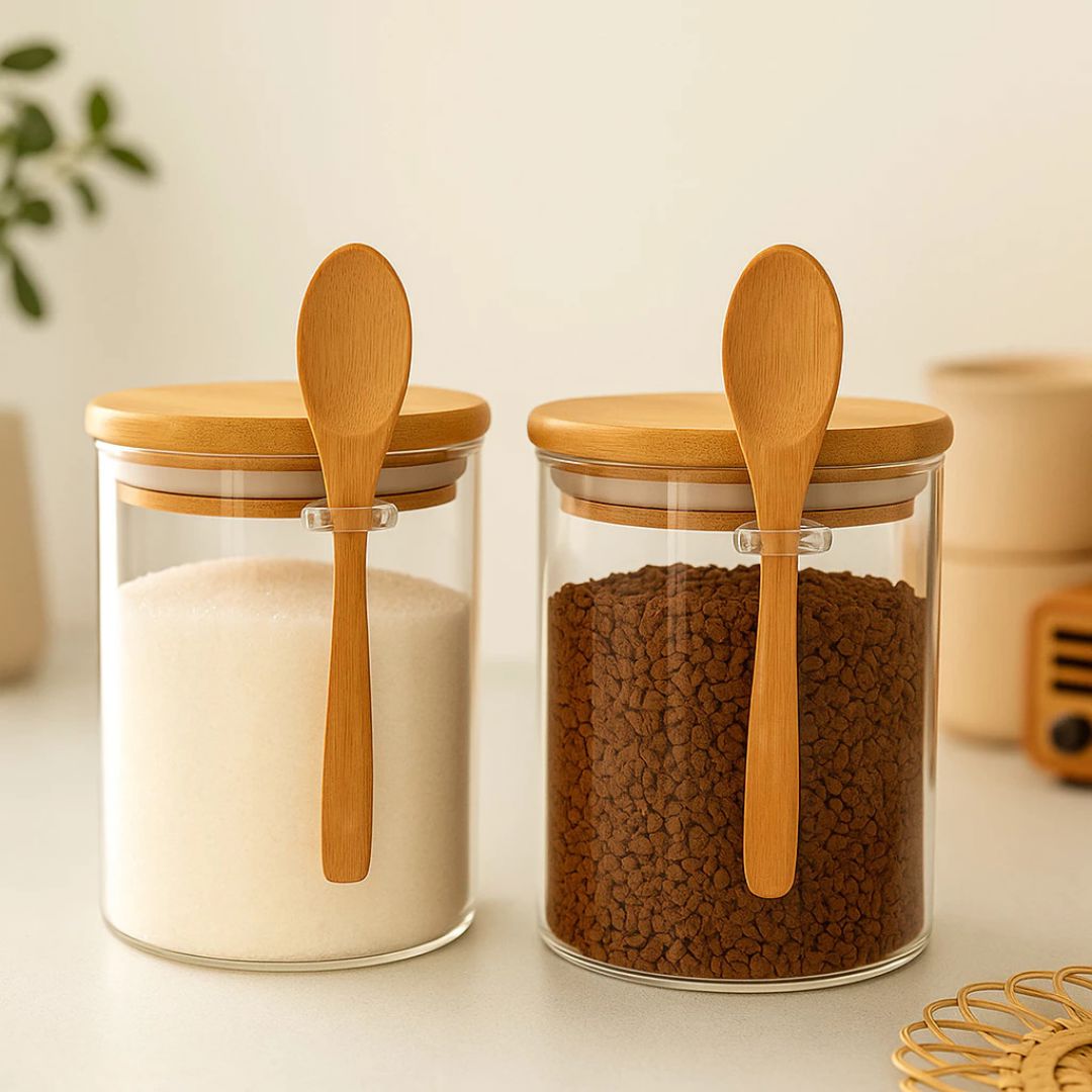 Pote de Vidro Hermético com Tampa de Bambu e Colher Utilidades030 Cozinha com Estilo 