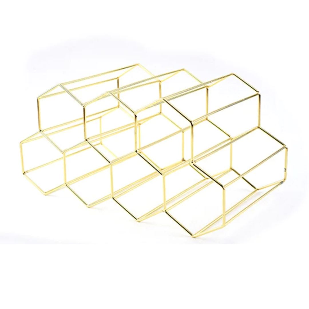 Suporte de Vinho Hexagonal Moderno - Porta Garrafas de Colmeia para 9 Unidades Decoração017 Cozinha com Estilo Dourado 